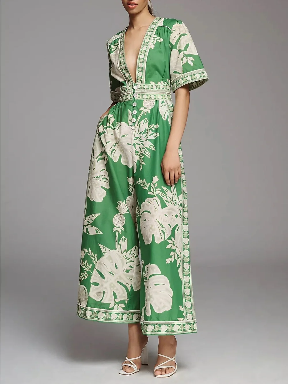 FARM Rio Green & Cream Lace Monstera V-Neck Jumpsuit with Button Front Wide Leg - Picture 4 of 9